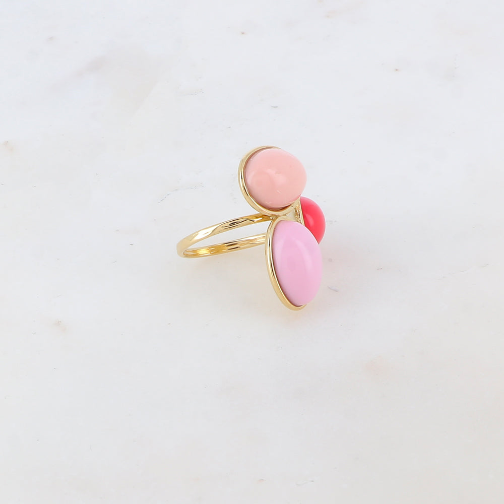 Bague fine ajustable avec 3 pièces ovales en acétate - Rose