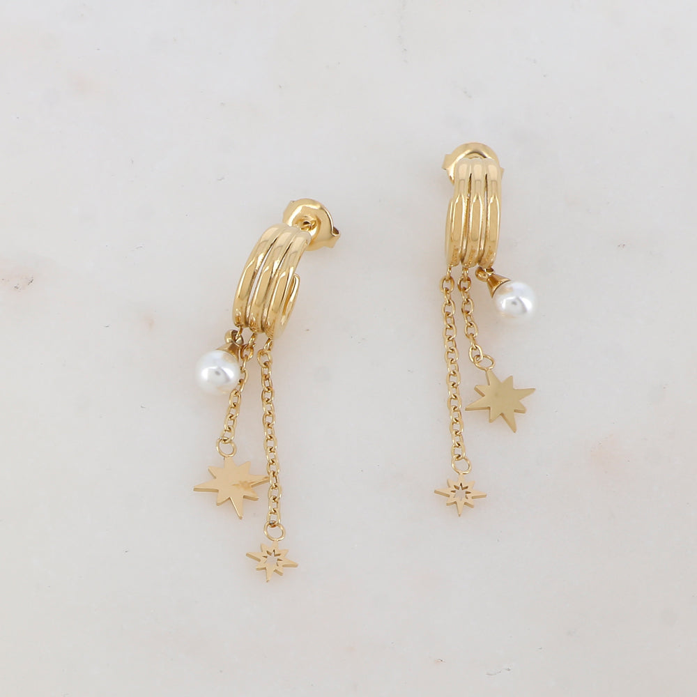 Créoles à puce 3 rangs avec effet lisse, 2 chaînes tombantes, 2 pampilles étoiles et perle d'eau douce 71,3 x 4,4 cm