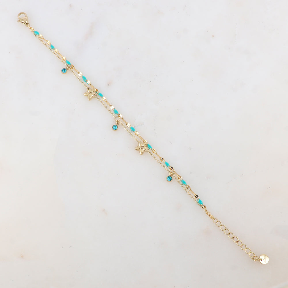 Bracelet 2 rangs avec pièces émaillées, fleurs et pampilles rondes serties d'un strass