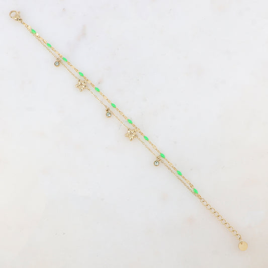 Bracelet 2 rangs avec pièces émaillées, fleurs et pampilles rondes serties d'un strass
