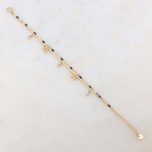 Bracelet 2 rangs avec pièces émaillées, fleurs et pampilles rondes serties d'un strass