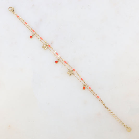 Bracelet 2 rangs avec pièces émaillées, fleurs et pampilles rondes serties d'un strass