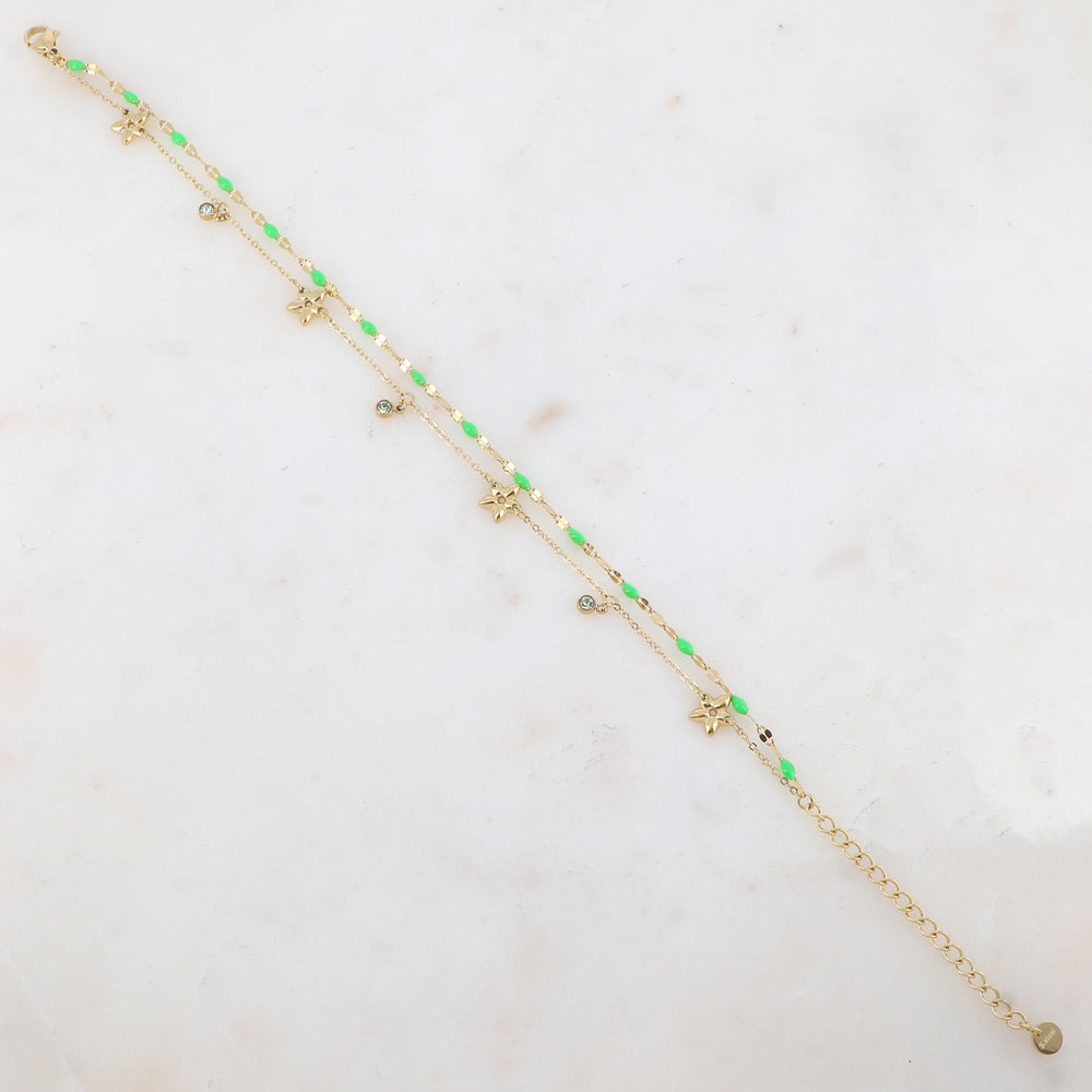 Chaîne de cheville 2 rangs avec pièces émaillées, fleurs et pampilles rondes serties d'un strass (21+5CM)