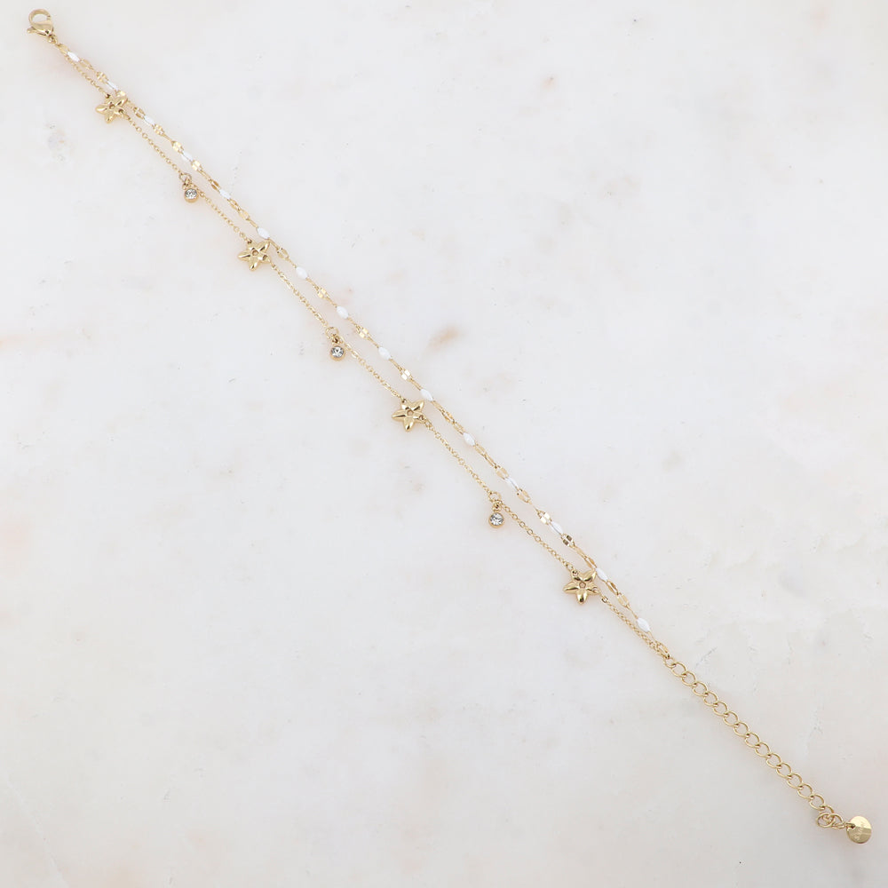 Chaîne de cheville 2 rangs avec pièces émaillées, fleurs et pampilles rondes serties d'un strass (21+5CM)