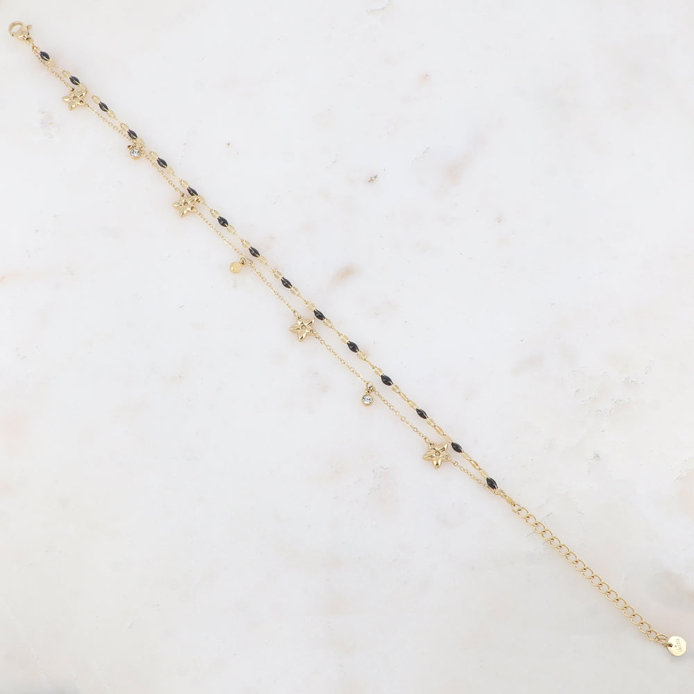 Chaîne de cheville 2 rangs avec pièces émaillées, fleurs et pampilles rondes serties d'un strass (21+5CM)