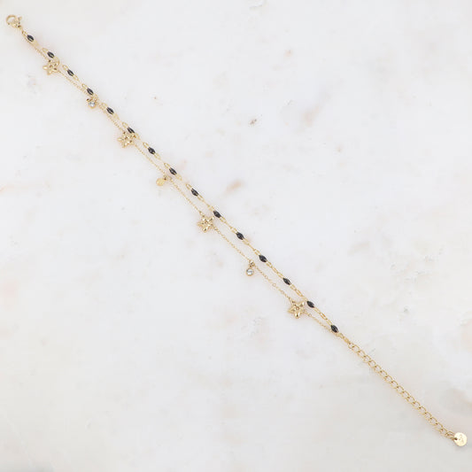 Chaîne de cheville 2 rangs avec pièces émaillées, fleurs et pampilles rondes serties d'un strass (21+5CM)
