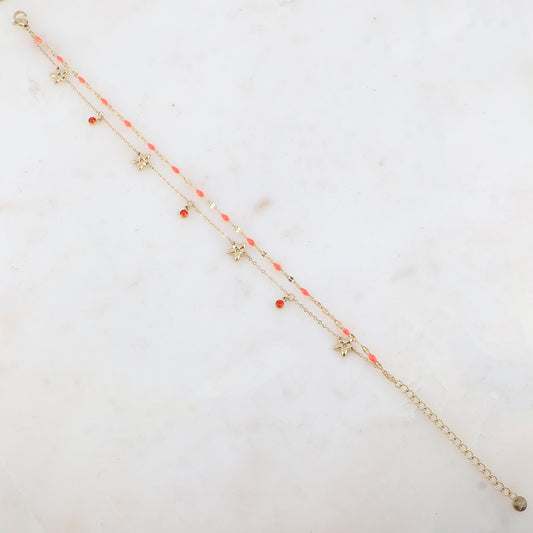 Chaîne de cheville 2 rangs avec pièces émaillées, fleurs et pampilles rondes serties d'un strass (21+5CM)