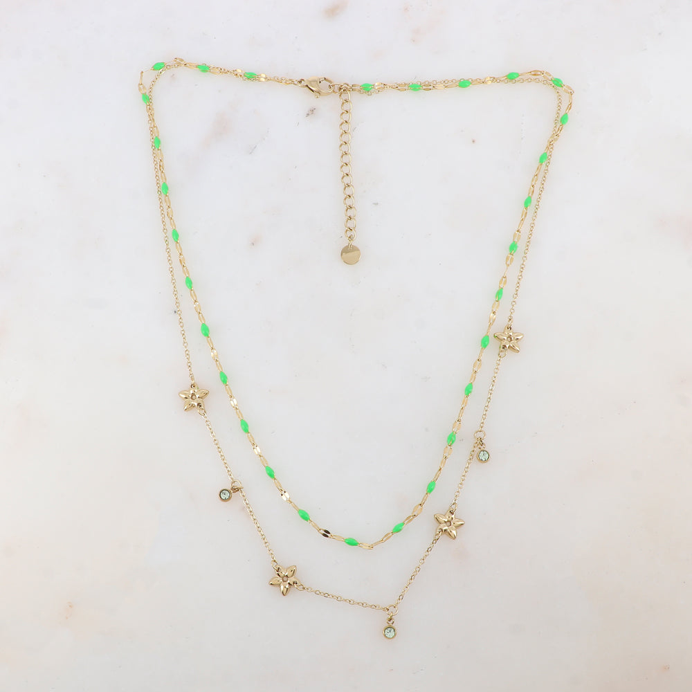 Collier 2 rangs avec pièces émaillées, fleurs et pampilles rondes serties d'un strass (40/42+5CM)