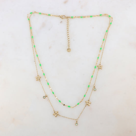 Collier 2 rangs avec pièces émaillées, fleurs et pampilles rondes serties d'un strass (40/42+5CM)