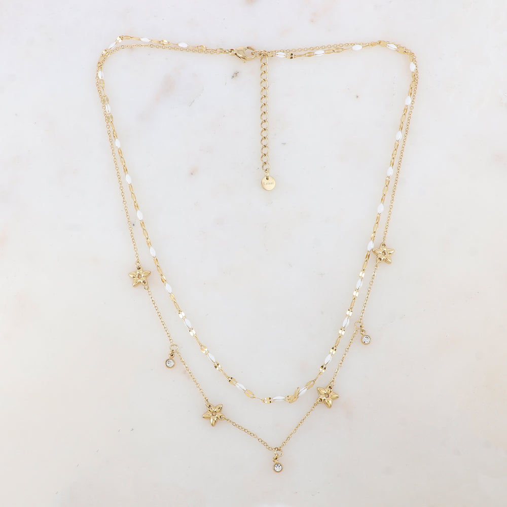 Collier 2 rangs avec pièces émaillées, fleurs et pampilles rondes serties d'un strass (40/42+5CM)