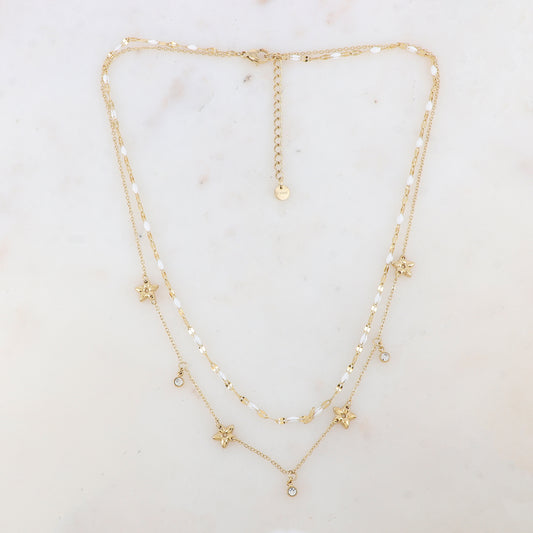 Collier 2 rangs avec pièces émaillées, fleurs et pampilles rondes serties d'un strass (40/42+5CM)