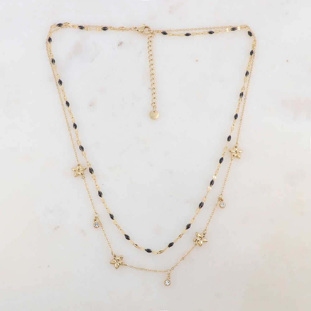 Collier 2 rangs avec pièces émaillées, fleurs et pampilles rondes serties d'un strass (40/42+5CM)
