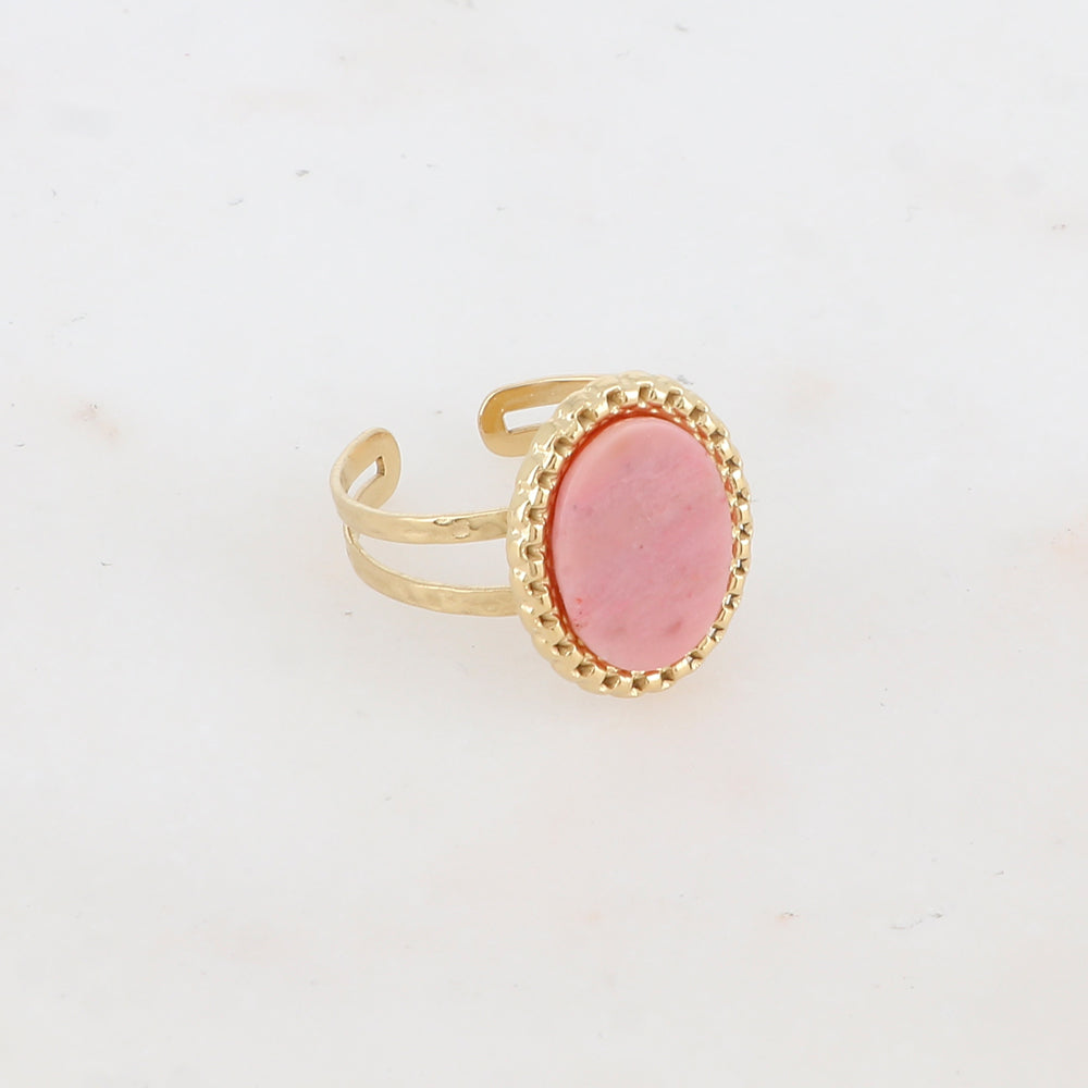 Bague 2 rangs avec pièce ovale, pierre naturelle - Rhodonite