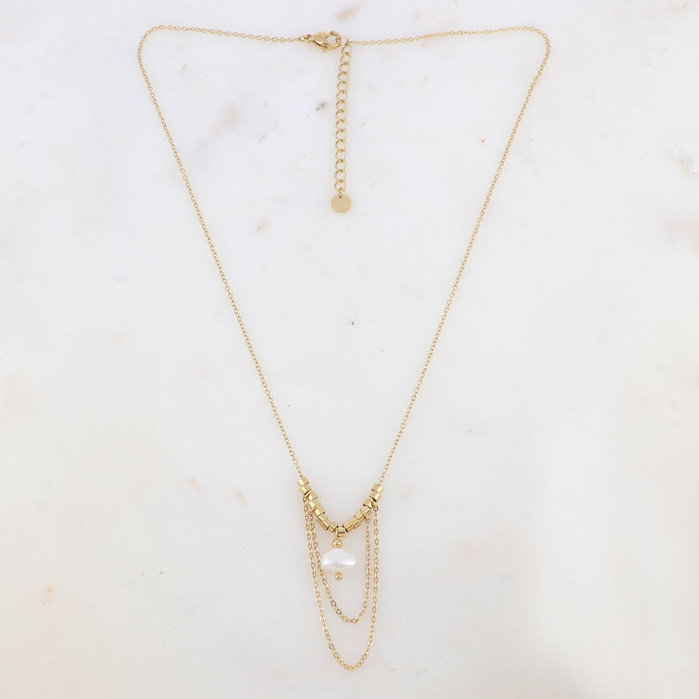 Collier avec chaînes tombantes, petites rondelles et perle d'eau douce (40+5CM)