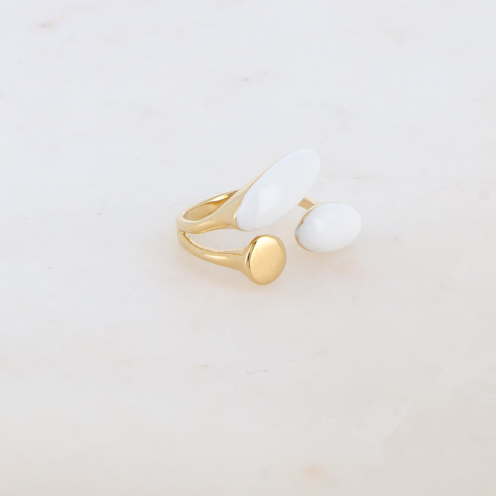 Bague fine avec pièce ronde et 2 pièces ovales émaillées - Blanc