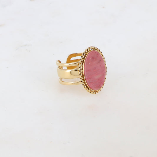 Bague 3 rangs avec pièce ovale et pierre naturelle - Rhodonite
