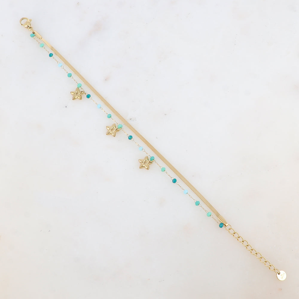 Bracelet 2 rangs avec maille miroir, pâtes de verres et pampilles fleurs