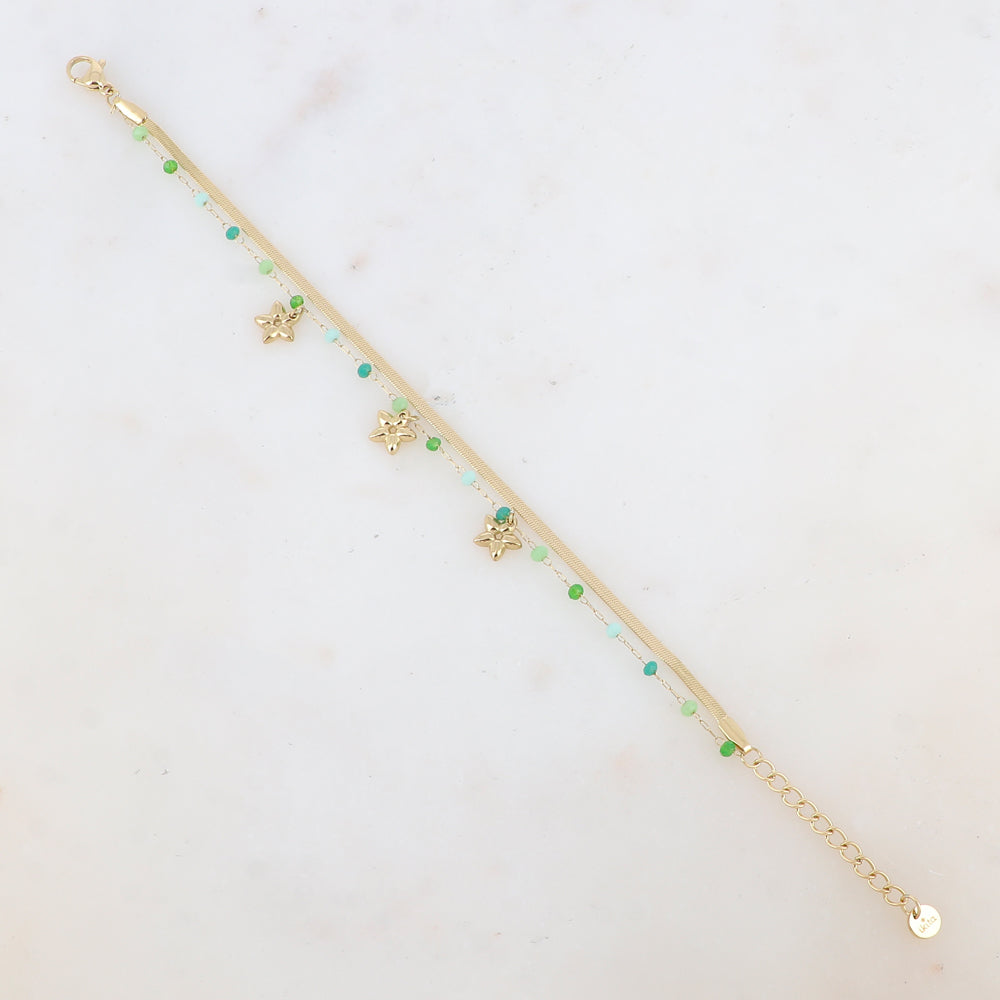 Bracelet 2 rangs avec maille miroir, pâtes de verres et pampilles fleurs