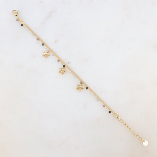 Bracelet 2 rangs avec maille miroir, pâtes de verres et pampilles fleurs