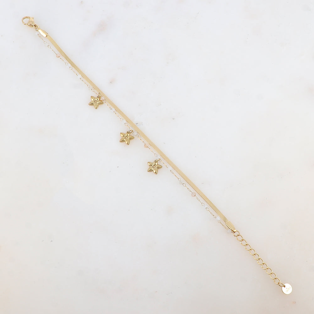 Bracelet 2 rangs avec maille miroir, pâtes de verres et pampilles fleurs