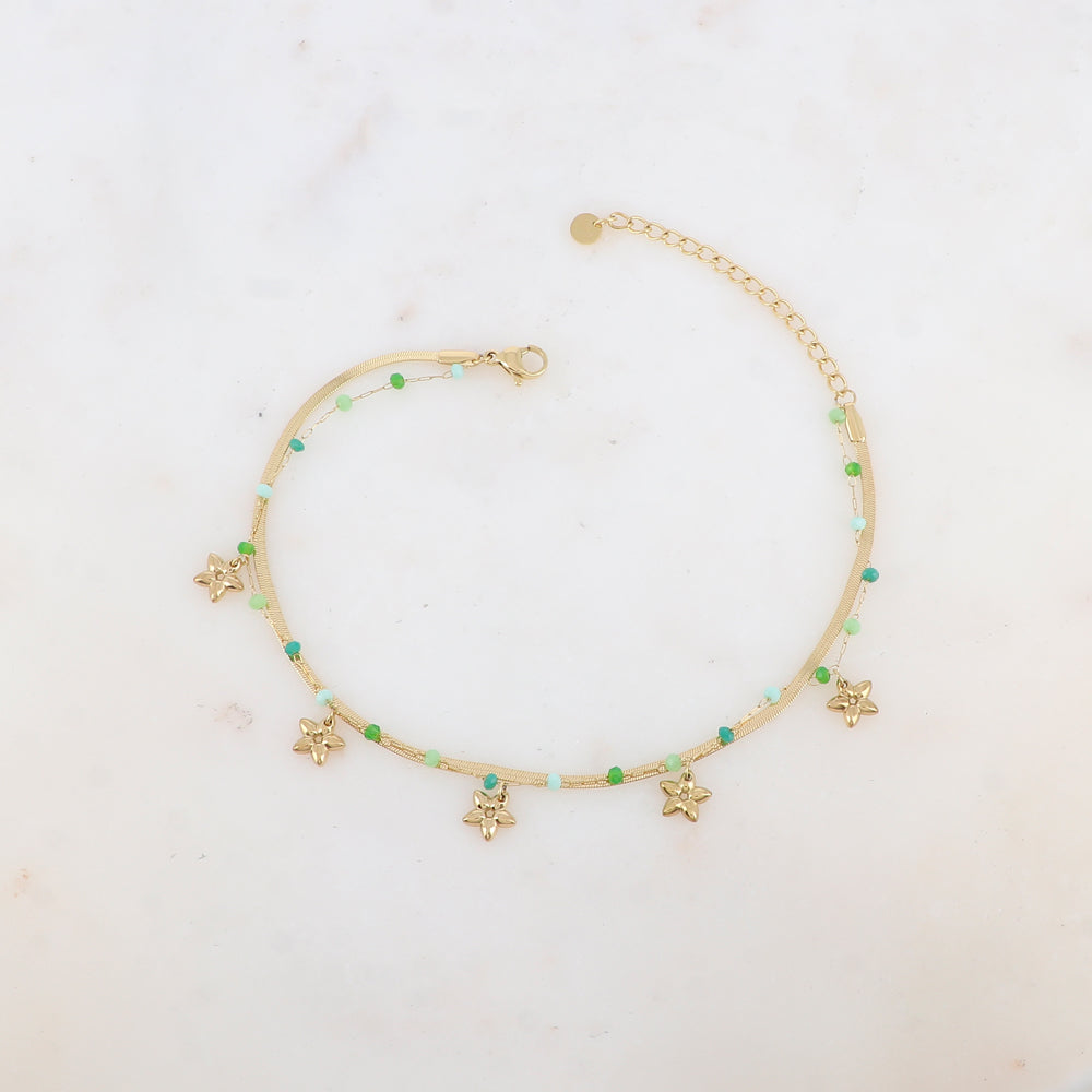 Chaîne de cheville 2 rangs avec maille miroir, pâtes de verres et pampilles fleurs (21+5CM)