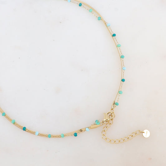 Collier 2 rangs avec maille miroir, pâtes de verres et pampilles fleurs (40/42+5CM)