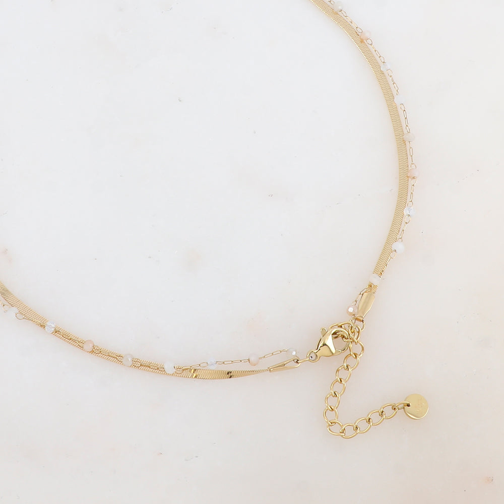 Collier 2 rangs avec maille miroir, pâtes de verres et pampilles fleurs (40/42+5CM)