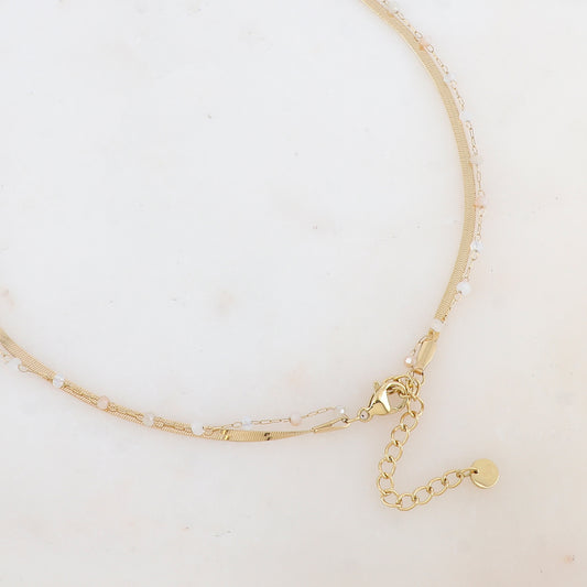 Collier 2 rangs avec maille miroir, pâtes de verres et pampilles fleurs (40/42+5CM)