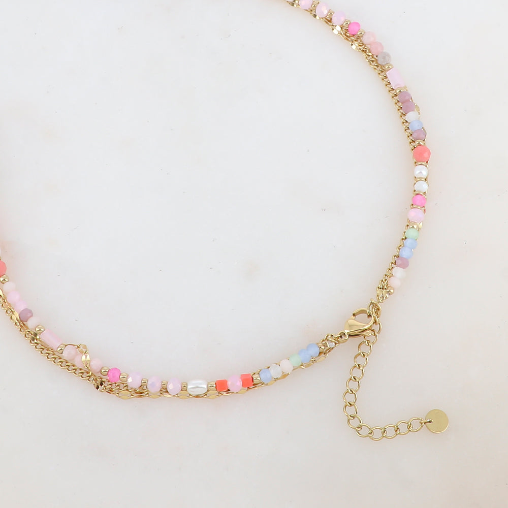 Collier 3 rangs avec pâtes de verre/pierres naturelles et perles d'eau douce (38/39/41+5CM)
