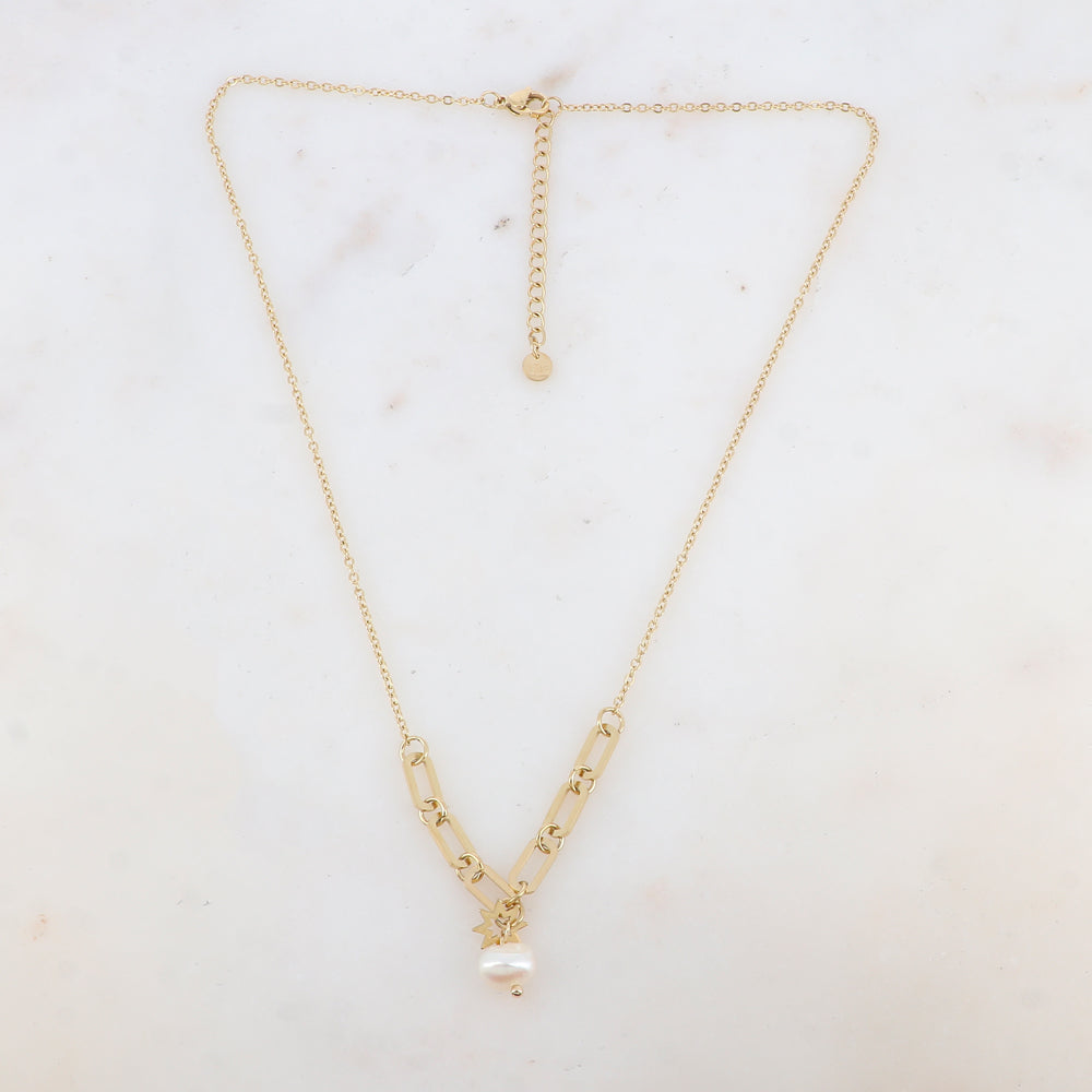 Collier avec anneaux rectangulaires arrondis, étoile et perle d'eau douce (45+5CM)