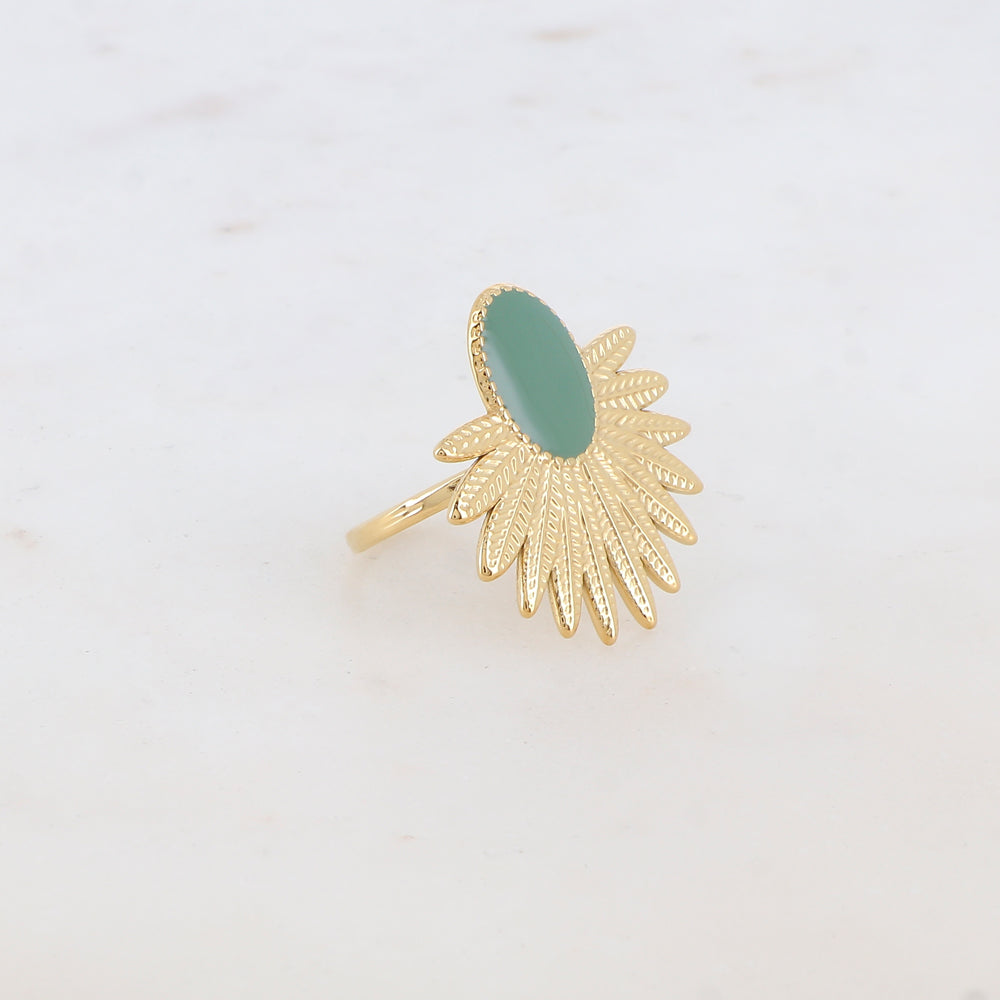 Bague avec feuillage et pièce ovale émaillée - Vert