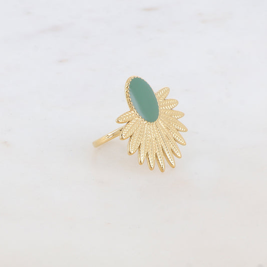 Bague avec feuillage et pièce ovale émaillée - Vert