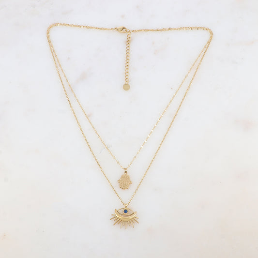 Collier double rangs doré avec deux pendentifs forme œil (40/44+5CM)
