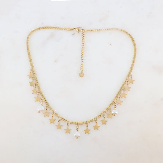 Collier en maille plate avec pampilles étoiles et 3 perles d'eau douce (38+5CM)