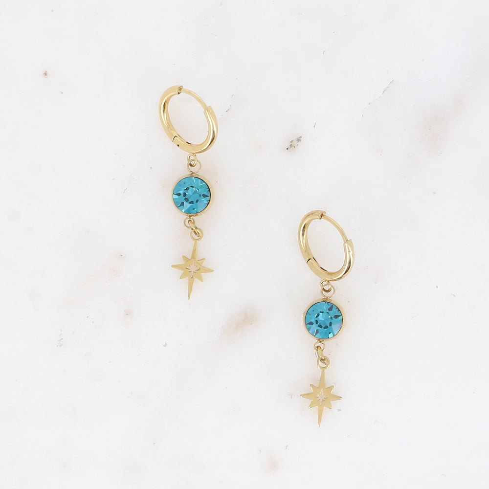 Créoles - cristaux SS29 et pampille étoile ajourée - Indicolite 7 x 38 mm