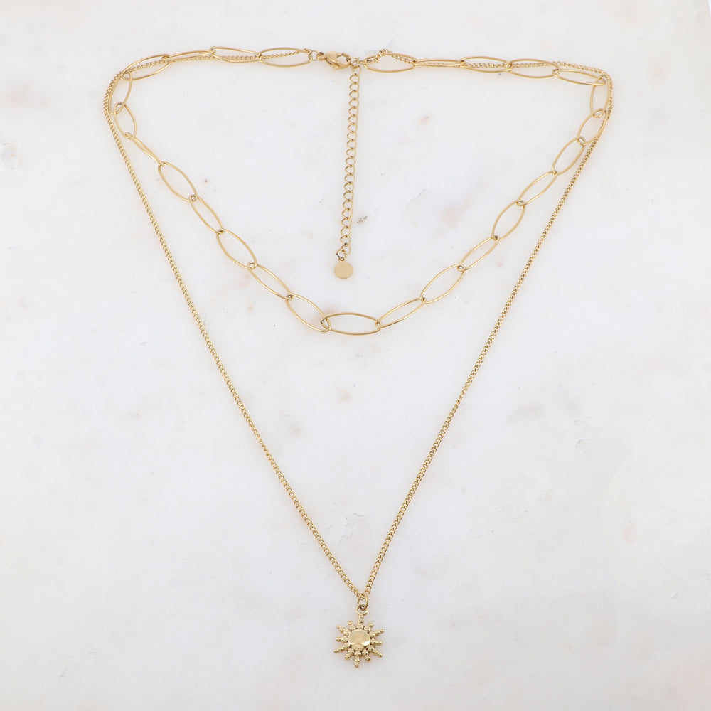 Collier 2 rangs avec maille, pendentif soleil (3850+8CM)