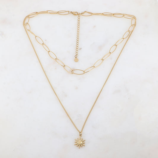 Collier 2 rangs avec maille, pendentif soleil (3850+8CM)