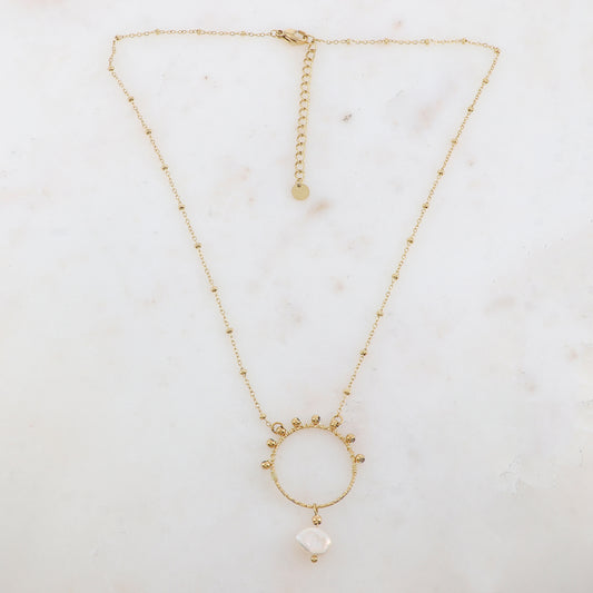 Collier avec pendentif anneau, petites boules et perle d'eau douce (40+5CM)