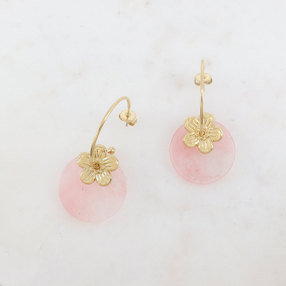 Créoles à puce avec fleur et pierre naturelle ronde
