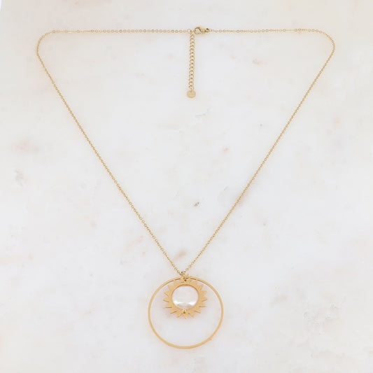 Collier avec anneau, soleil et perle d'eau douce (55+5CM)