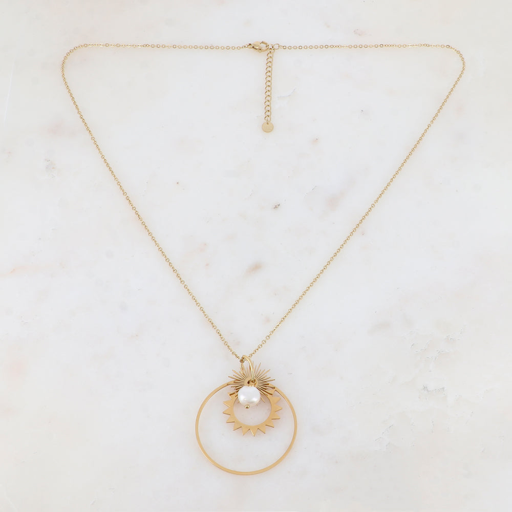 Collier avec anneau, soleil et perle d'eau douce (55+5CM)