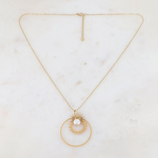 Collier avec anneau, soleil et perle d'eau douce (55+5CM)