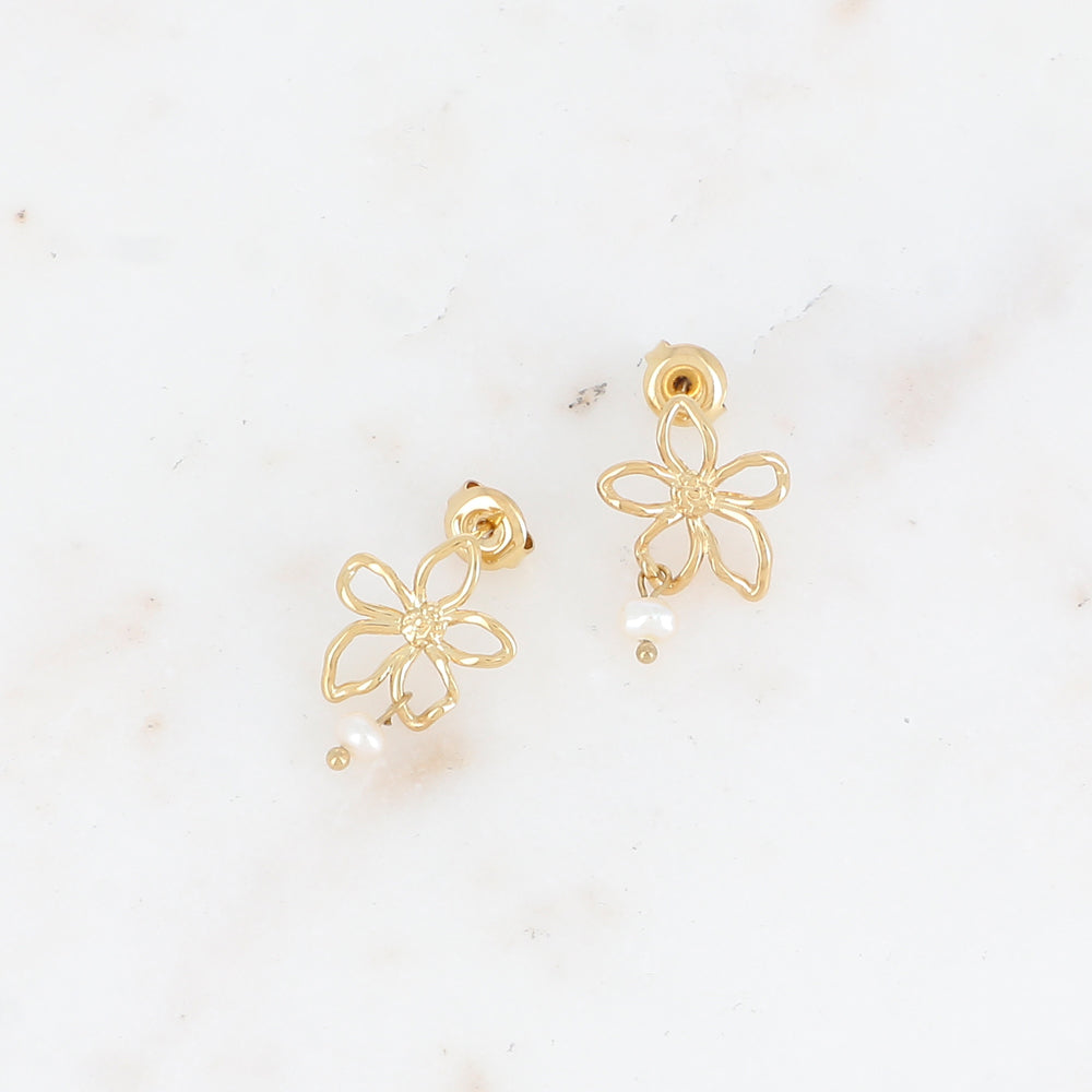 B.O à puce avec fleur et perle d'eau douce 1,4 X 2,1 CM.