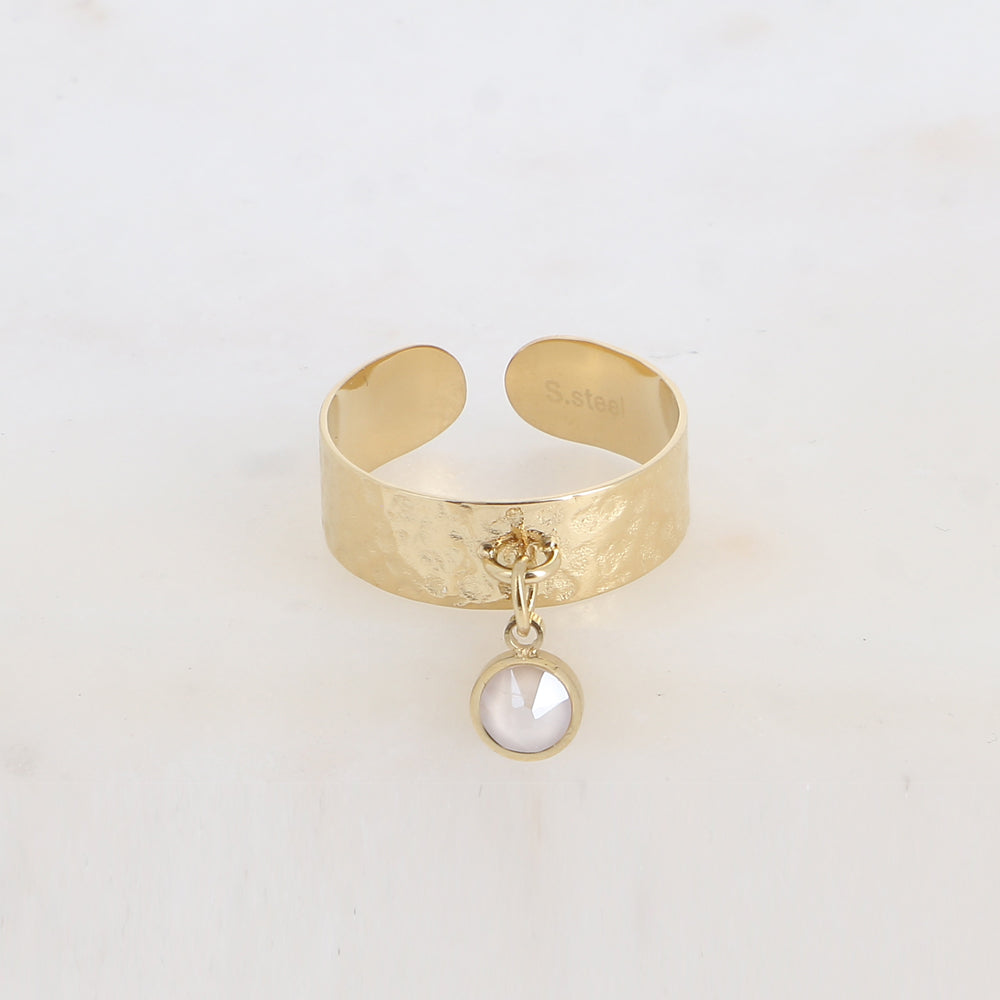 Bague - anneau martelé et pampille avec cristal PP29 - Ivory cream
