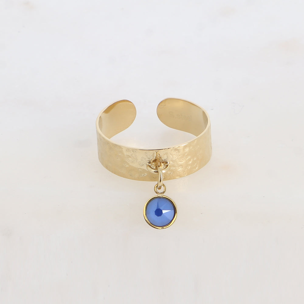 Bague - anneau martelé et pampille avec cristal PP29 - Royal blue