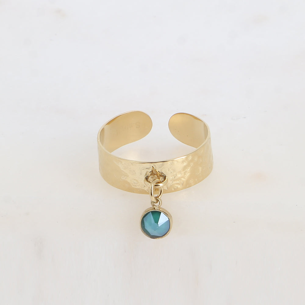 Bague - anneau martelé et pampille avec cristal PP29 - Royal green