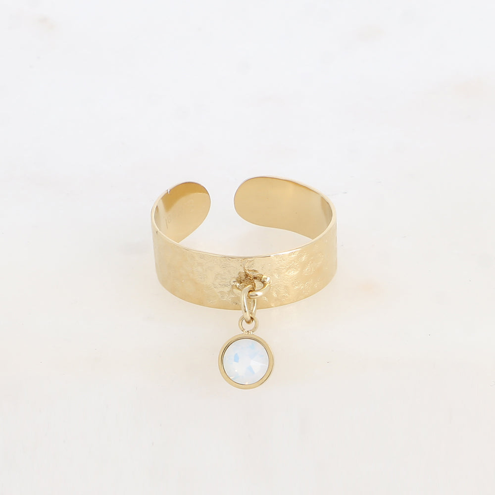 Bague - anneau martelé et pampille avec cristal PP29 - White opale