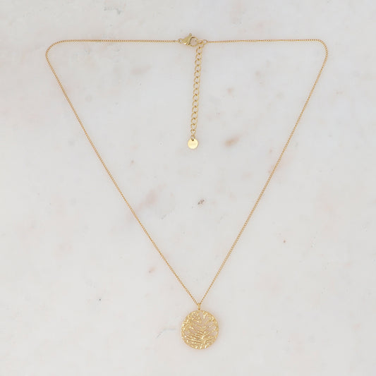 Collier avec pastille martelée, ajourée façon feuille, bi-face (42+5CM)