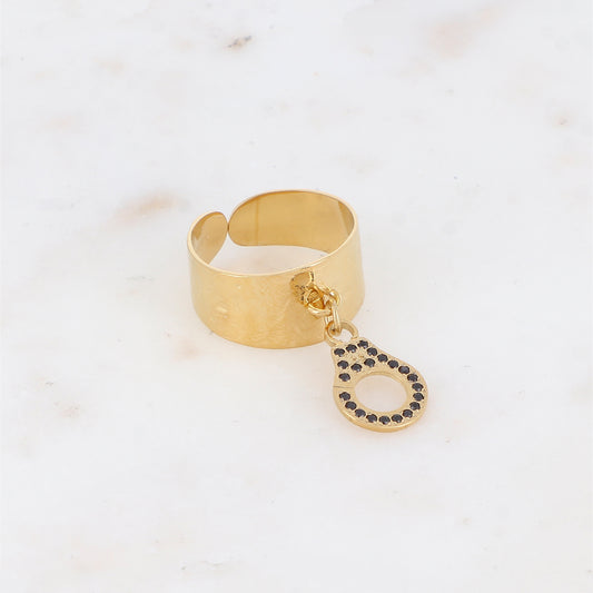 Bague avec pampille menotte et strass - Noir