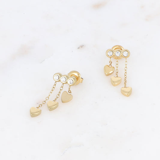 Boucles d'oreilles avec chaînes, cœurs et strass 1 x 2,1 cm.